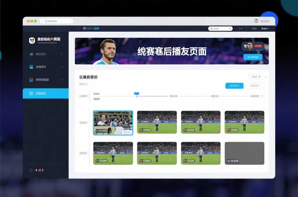 比赛结束后，电视屏幕展示集锦回放页面，旁边有时间轴和多角度切换提示